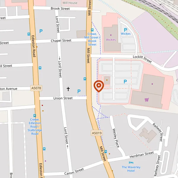 Map showing approximate location: Pedley Street, Railway Street, Wesley Place, And Mill Street, Crewe