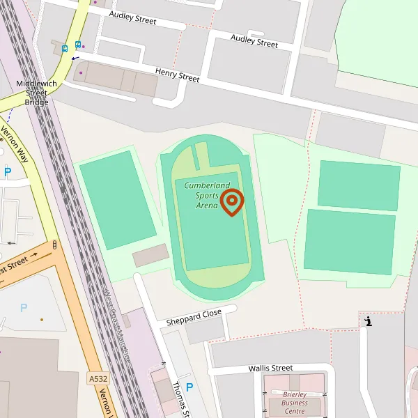 Map showing approximate location: Cumberland Sports Track, Thomas Street, Crewe, CW1 2BD