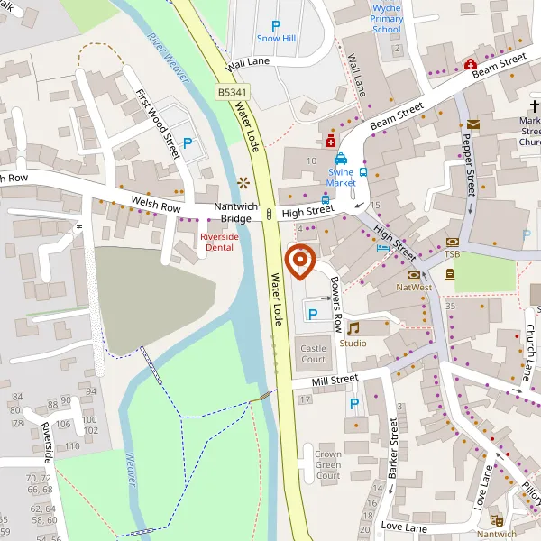 Map showing approximate location: Bowling Green Court, Nantwich, CW5 5SW