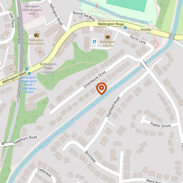 Map showing approximate location: Land To Rear & Side 13, Greenbank Drive, Bollington, Macclesfield, Cheshire, SK10 5LW