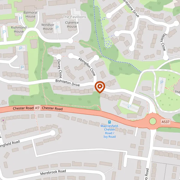 Map showing approximate location: Tree In Woodland Screen Planting Rear Of, Cec Land Rear Of 45-77 Bishopton Drive, Rear 67 Bishopton Drive, Macclesfield, Sk11 8Ts