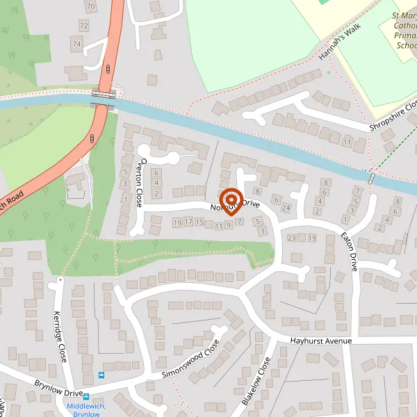 Map showing approximate location: Manor Wood, Woodland Between Norbury Drive & Hayhurst Ave, Middlewich